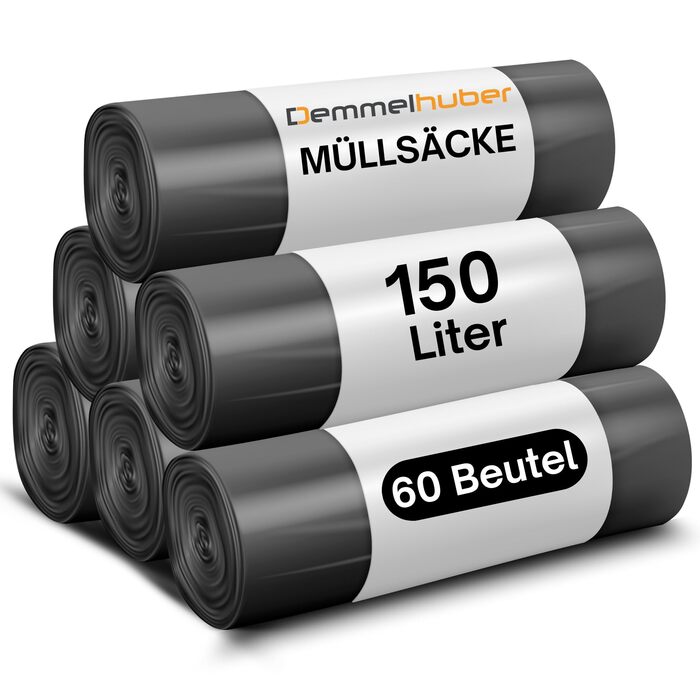 Літрові надзвичайно міцні та стійкі до розривів сміттєві мішки, товщиною 75 мкм, для дому, саду, промисловості та громадського харчування, від Demmelhuber (6 рулонів), 150-