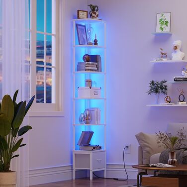 Полиця, книжкова шафа з 6 полицями, полиця зі світлодіодним підсвічуванням та тканинною шухлядою, вузька вітрина для кутів, вітальня, спальня, кутова полиця, 191 см білий колір, 6 полиць (191 см)
