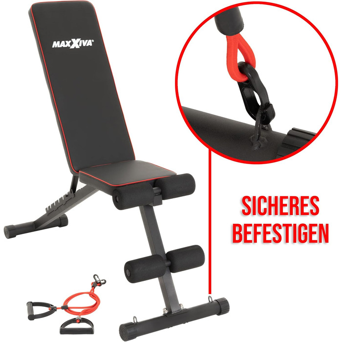 Складана фітнес-лава, багатофункціональна тренувальна лава, тренажер для пресу, похила лава з 7-позиційним регулюванням спинки, з еспандером, вантажопідйомність 300 кг, функція присідань