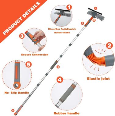 Професійний очищувач склоочисників, Душовий склоочисник 2-в-1 з подовжувачем 266CM'', Телескопічний омивач вікон, Інструменти для миття скла для високих вікон всередині та зовні