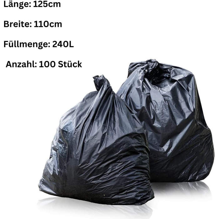 Міцні сміттєві мішки Enpack 240 л, 100 шт. - Чорні сміттєві мішки - Сміттєві мішки для сміттєвих баків 110x125 см - Міцні сміттєві мішки XXL - Сміттєві мішки для садових та побутових відходів - Пластикові мішки для сміттєвих баків