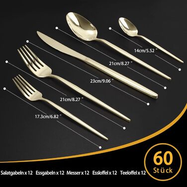 Набір столових приборів на 12 осіб, 60 предметів, колір шампанське золото, ніж з нержавіючої сталі, виделка, ложка, полірований набір столових приборів з високим глянцем, блискучі столові прибори, можна мити в посудомийній машині, колір шампанське на 60 п