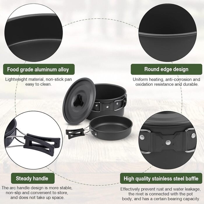 Набір посуду для кемпінгу та пікніка, 14 предметів каструлі, сковорода, чайник та столові прибори