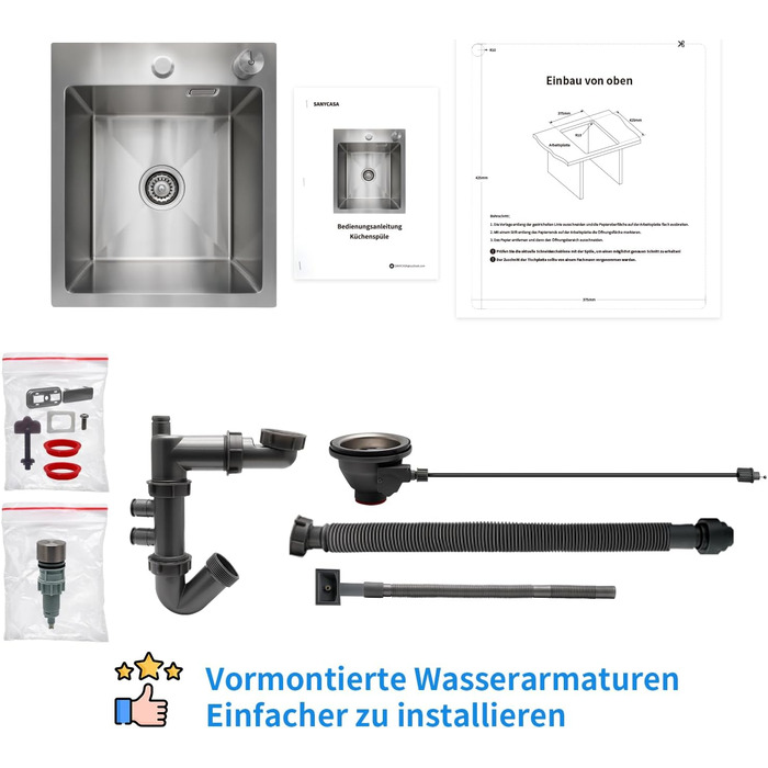 Мийка SANYCASA з нержавіючої сталі, кухонні мийки з сифоном і зручним зливом з дистанційним керуванням, стійка до вм'ятин Проста у догляді раковина для підлогової шафи 45 см (40 45 см) 40 x 45 см