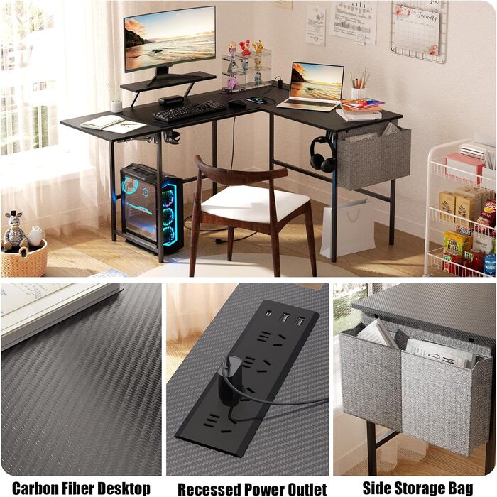 Ігровий стіл із розумним світлодіодним освітленням, L-подібний стіл із подовжувачем для домашнього офісу, кутовий стіл 120-150 см з розеткою, сумка для зберігання, підставка для монітора, чорний