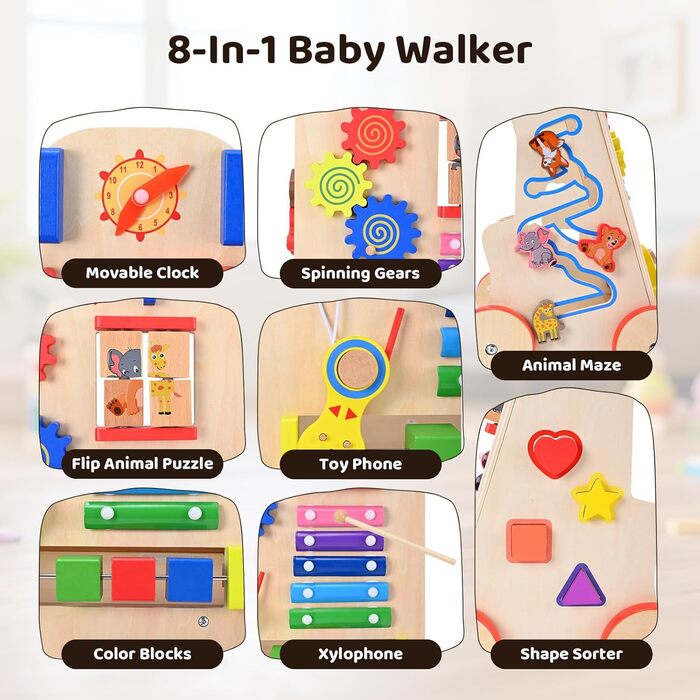 Дерев&39яні ходунки для дітей 8-в-1 з колесами та будівельними блоками, багатофункціональна іграшка-подарунок для малюків від 10 місяців до 1-2 років, кольору дерева