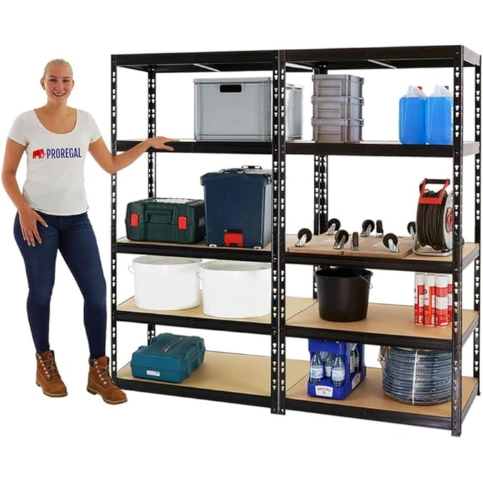 Міцний стелаж Tiger Black 180x90x60 см з вантажопідйомністю 265 кг Стелажі для гаража, підвалу, майстерні, зберігання, безболтовий стелаж, комплект з 2 предметів Глибина 60 см, 2 шт.