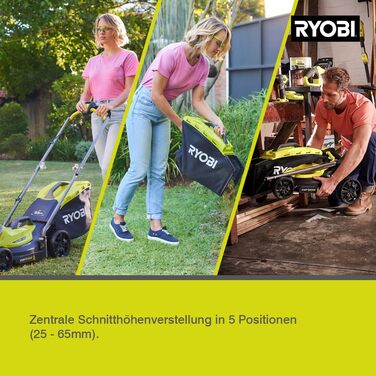 Акумуляторна газонокосарка RYOBI 18 V ONE OLM1833B (ширина зрізу 33 см, 5-позиційне регулювання висоти 25-65 мм, складна ручка, вкл. мульчувальний клин, 35-літровий мішок для трави, без акумулятора та зарядного пристрою в коробці) 33 см ширина зрізу без а