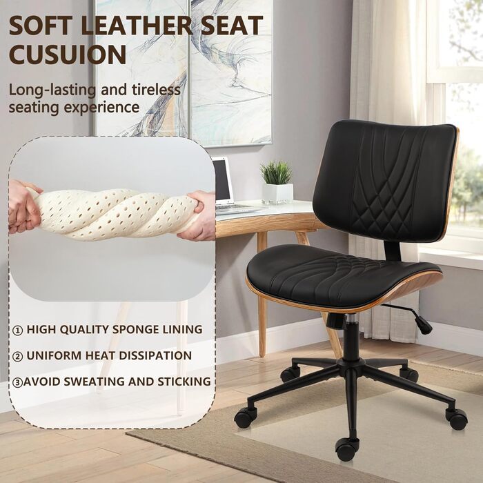 Офісне крісло CLATINA без підлокітників, стілець для столу з колесами, регульоване по висоті шкіряне поворотне комп&39ютерне крісло із середньою спинкою, сучасний стиль горіхового дерева для домашнього офісу, конференц-зал, чорний, комплект з