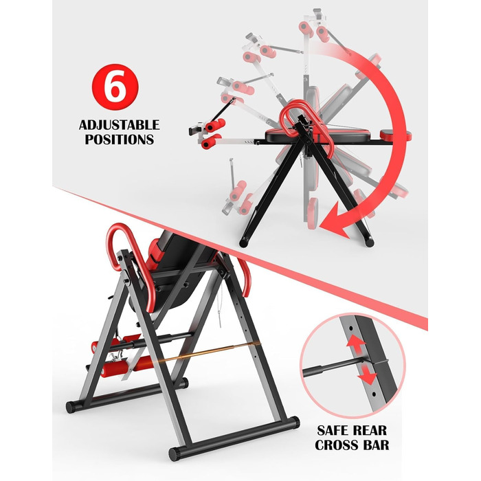 Регульований/складаний інверсійний стіл YOLEO з потрійним блокуванням безпеки, гравітаційний тренажер з ременем безпеки для терапії та полегшення болю в спині/шиї, червоний