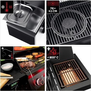 Газовий гриль LANDMANN COOL BLACK 4.1 maxX Гриль-візок з 4 пальниками, бічним пальником та зоною maxX до 800 C З решіткою для підігріву, великою робочою поверхнею, двостінною кришкою та бічними столиками