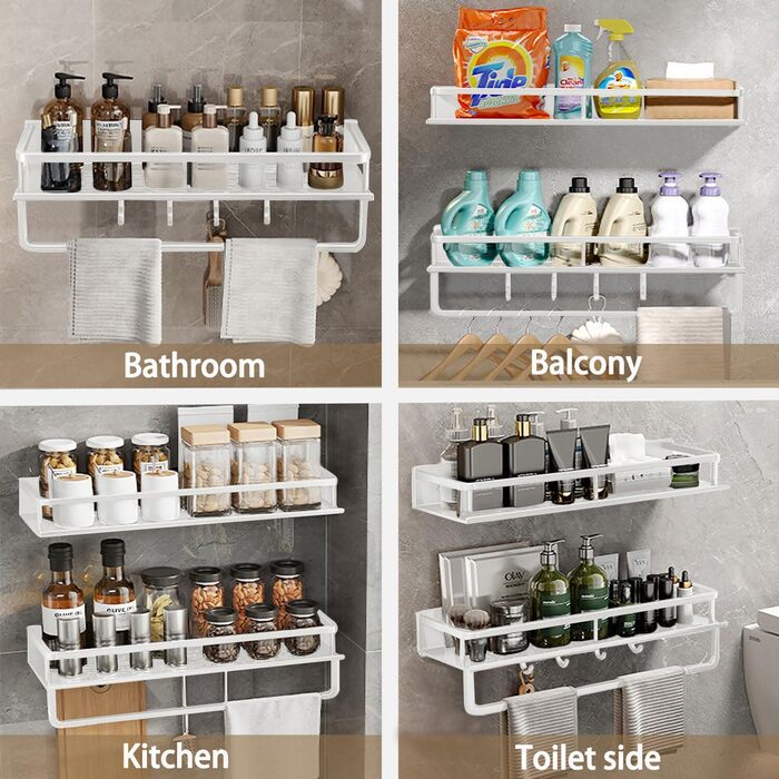 Полиця для душу Devesanter, 2 шт., 40 см, без свердління, для ванної кімнати, з тримачем для рушників та 4 гачками для спальні, вітальні, кухні та ванної кімнати (біла) 40 см