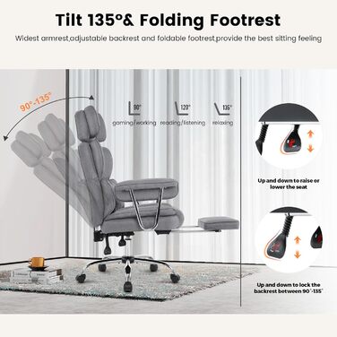Ергономічне офісне крісло IWMH з підставкою для ніг та поперековою опорою, крісло керівника 200 кг XXL, обертове крісло з підлокітниками та підголівником, тканина з регульованою висотою (сірий колір)
