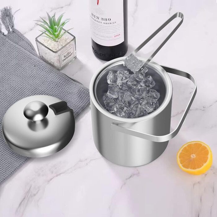 Набір для льоду Intirilife з 4-х предметів 1 л з нержавіючої сталі з щипцями та кришкою -14,2 x 19,5 см - Ізольований, двостінний