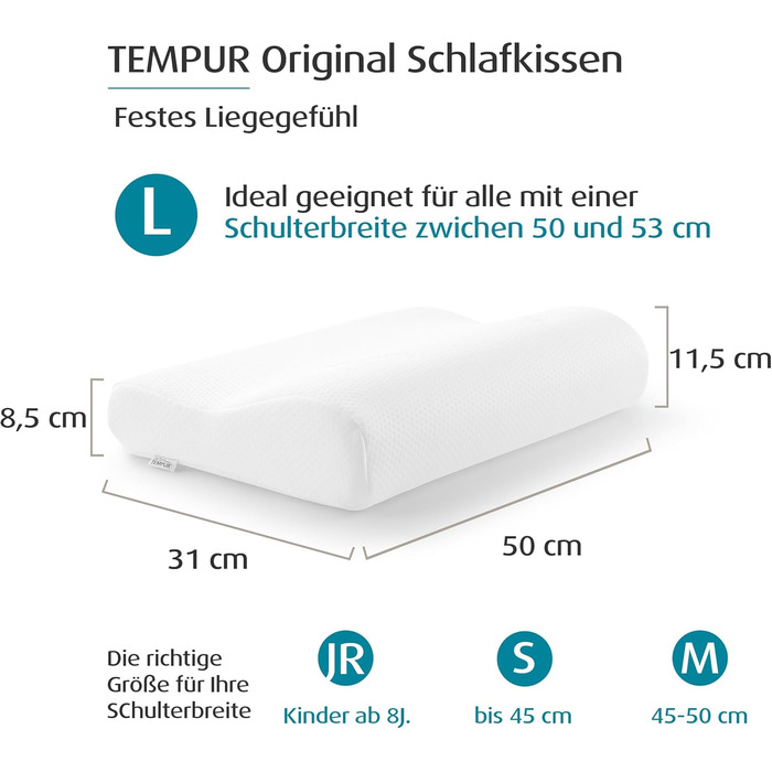 Подушка для сну TEMPUR Original з піни з ефектом пам&39яті, ергономічна подушка для шиї для сну на боці та спині, жорстка, L (50 x 31 x 11,5/8,5 см), біла L (50 x 31 x 11,5/8,5 см) одномісна