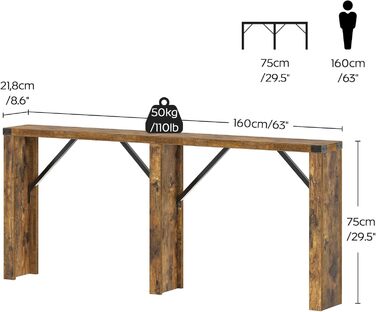 Консольний столик, довгий вузький стіл для коридору, столик для передпокою, за диваном, промисловий дизайн, з металевими стійками, для вузьких приміщень, вхідна зона, коридор, вітальня, вінтажний коричневий XCT30BR