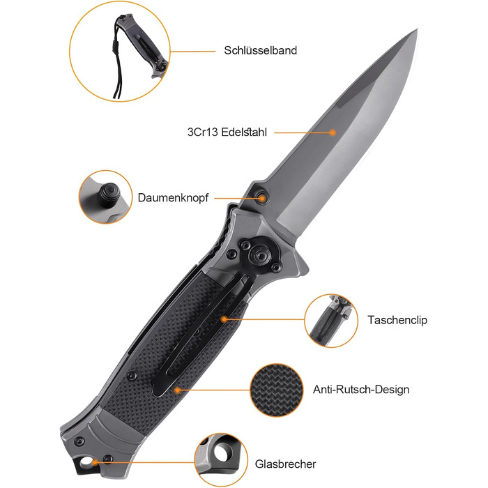 Кишеньковий ніж Rolgno складний ніж, 3Cr13 гострий ніж з нержавіючої сталі на відкритому повітрі з кишеньковим затискачем і замком