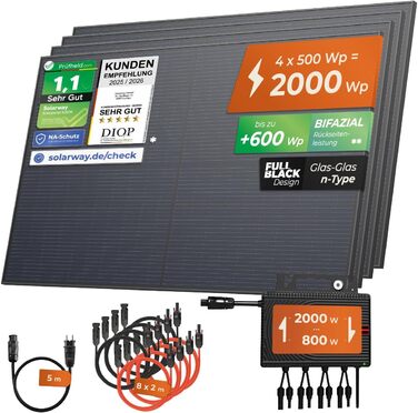 Балконна електростанція Solarway 2000 Вт у комплекті з розеткою - Найновіший інвертор 2000 Вт - Повний комплект сонячної системи - Двосторонні сонячні панелі 500 Вт, Envertech та аксесуари (без місця для зберігання, без монтажного кронштейна)