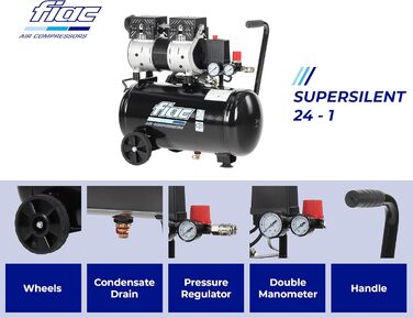 Малошумний мобільний повітряний компресор FIAC SUPERSILENT 24, безмасляний, максимальний тиск 8 бар, 1 к.с., 24-літровий бак, ріве
