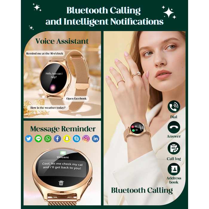 Золотий смарт-годинник для жінок, круглий смарт-годинник для жінок, металевий браслет з функцією телефону, крокомір, монітор сну, серцевий ритм, кров&39яний тиск, водонепроникний 1,27 дюйма, маленький тонкий сенсорний екран, спортивний фітнес-годинник