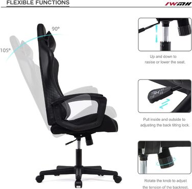 Ігрове крісло IntimaTe WM Heart, ергономічне ігрове крісло, офісне крісло з регульованим підголівником та поперековою опорою, комп&39ютерне крісло з високою спинкою, 52 x 49 x 130 см (чорне) Чорний 52 Г x 49 Ш x 130 В см