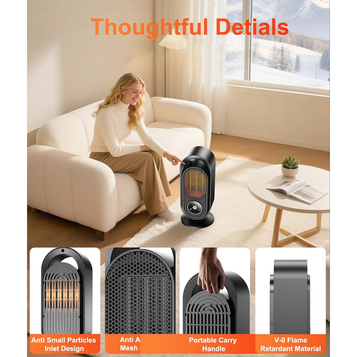 Електричний вентилятор-обігрівач, портативний кімнатний обігрівач, енергозберігаючий швидкий PTC-обігрівач потужністю 1500 Вт, керамічний вентилятор-обігрівач з термостатом, таймером та 3 режимами, захист від перегріву та перекидання для офісу та спальні