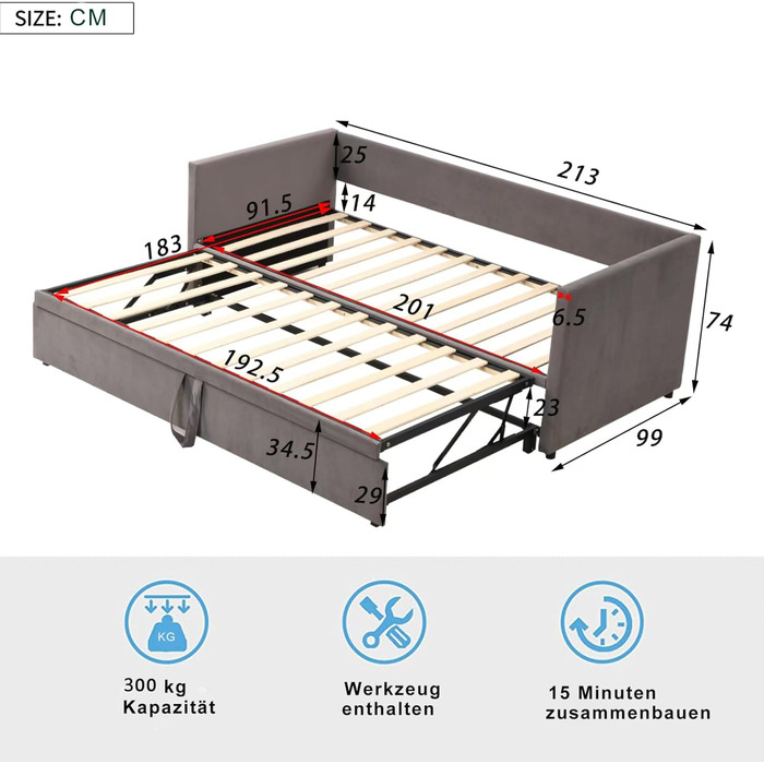 Диван-ліжко 90/180x200 см, Розсувне м&39яке ліжко з рейковим каркасом, Гостьове ліжко, Дитяче ліжко, Багатофункціональне ліжко, Оксамитова тканина, Сірий (Grey-2)