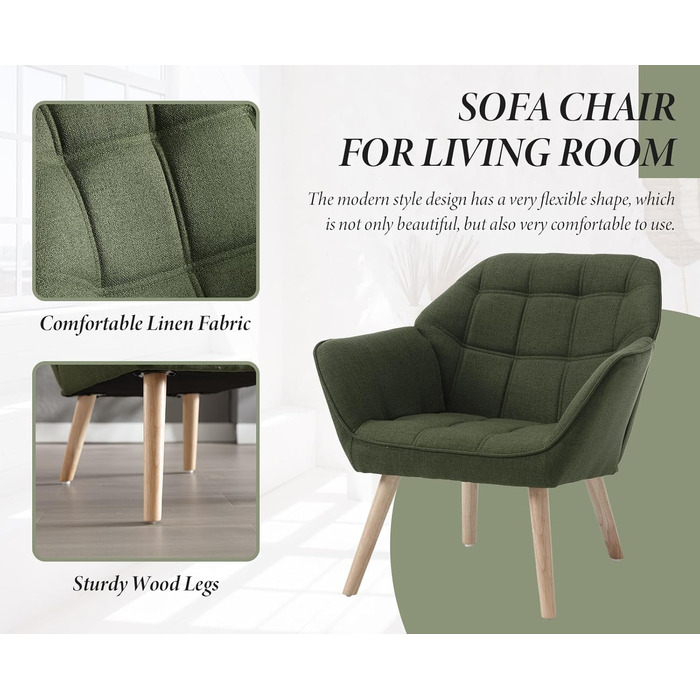 Акцентне крісло-крісло, м&39яке крісло для читання з дерев&39яними ніжками та лляним покриттям, крісло для читання, одномісний диван, крісло під телевізор для вітальні, спальні, затишне місце, зелений 1 зелений