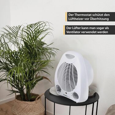Тепловентиляторний обігрівач TZS First Austria, 1000/2000 Вт, 2 режими нагріву, термостат, захист від перегріву, окремий режим вентилятора, тихий (52 дБ), компактний, ручка для перенесення, готовий до використання, білий/сірий, енергозберігаючий