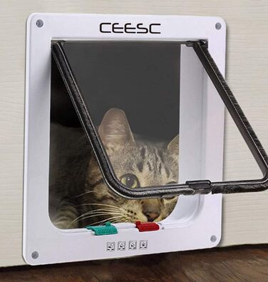 Магнітні дверцята для котів CEESC з 4-стороннім замком для котів, кошенят та кішок, 3 розміри та 2 варіанти кольору (внутрішній розмір 15,7 см (Ш) x 16 см (В), білий)