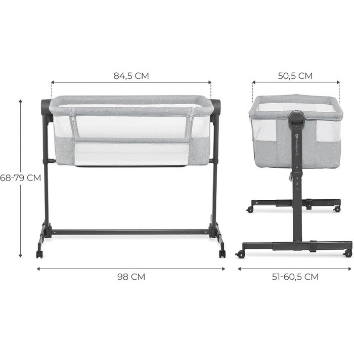 В-1 приліжкове ліжечко, дорожнє ліжечко з матрацом та простирадлом, 5-рівневе регулювання висоти матраца, 4 колеса з гальмами, м&39який матеріал, легка конструкція, сірий Neste Grey, 2 2-