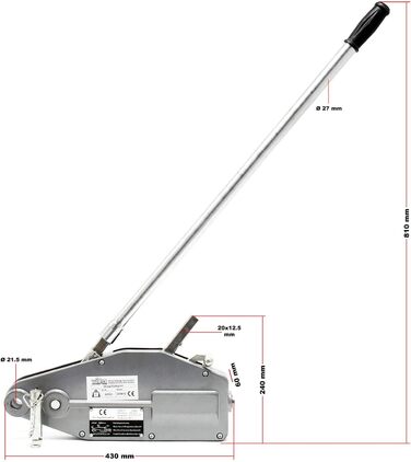 Канатний підйомник Wiltec до 800 кг лебідка з канатом 20 м, ручна канатна лебідка зі сталевим канатом Ø 8,3 мм, лісова лебідка зі зрізним штифтом, ручний канатний підйомник з вантажним гаком
