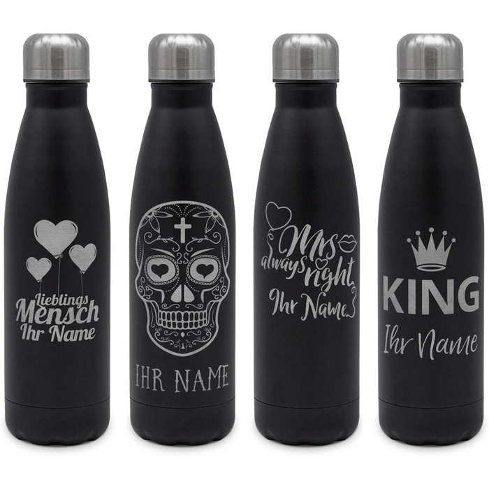 Термопляшка для води з гравіюванням тексту або імені - Термопляшка з нержавіючої сталі з гравіюванням, 500 мл - Чорна - Виберіть дизайн 500 мл Череп