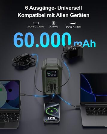 Портативна електростанція AsperX 192 Вт/140 Вт - мобільний сонячний генератор для кемпінгу з аварійною лампою, акумулятор LiFePO4 ємністю 60 000 мАг, портативний зовнішній акумулятор E для подорожей - темно-зелений