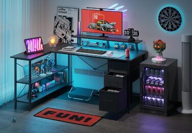 Г-подібний письмовий стіл з 3 тканинними шухлядами, 140 x 80 см. Двосторонній кутовий письмовий стіл з підставкою для монітора, розеткою та USB-портом для зарядки для домашнього офісу, чорний.