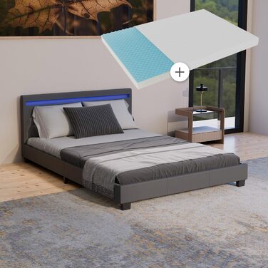 Ліжко Juskys Paris з м&39якою поверхнею 140x200 см зі світлодіодним освітленням, матрацом, рейковим каркасом та узголів&39ям - штучна шкіра та дерево - сіре - дитяче ліжко каркас ліжка темно-сірий 140 x 200 см