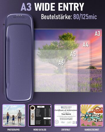 Ламінатор A3 з 30 ламінувальними пакетами, гарячий та холодний ламінатор для паперів A3, A4, A5 та A6, ламінатор 9-в-1 з різаком для паперу та закруглювачем кутів, ламінатор для школи, дому, офісу та файлів (фіолетовий)