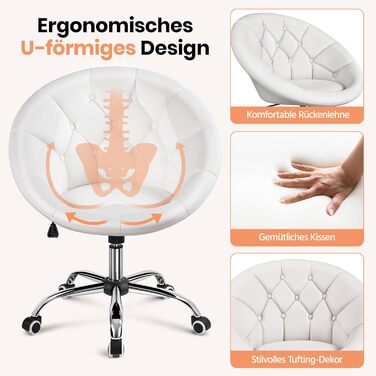 Крісло Yaheetech, Туалетне крісло, Крісло для домашнього офісу, Офісне крісло, Офісне крісло з регульованою висотою та м&39яким сидінням, Кругле поворотне крісло з колесами, Робоче крісло зі штучної шкіри, Біле