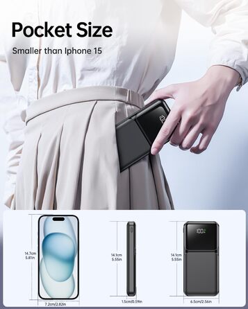 З 4 кабелями, Power Bank USB-C 22,5W Fast Charging зовнішня батарея мобільного телефону, PD20W портативний зарядний пристрій зі світлодіодним дисплеєм для iPhone Samsung Huawei Outdoor, 15000mAh