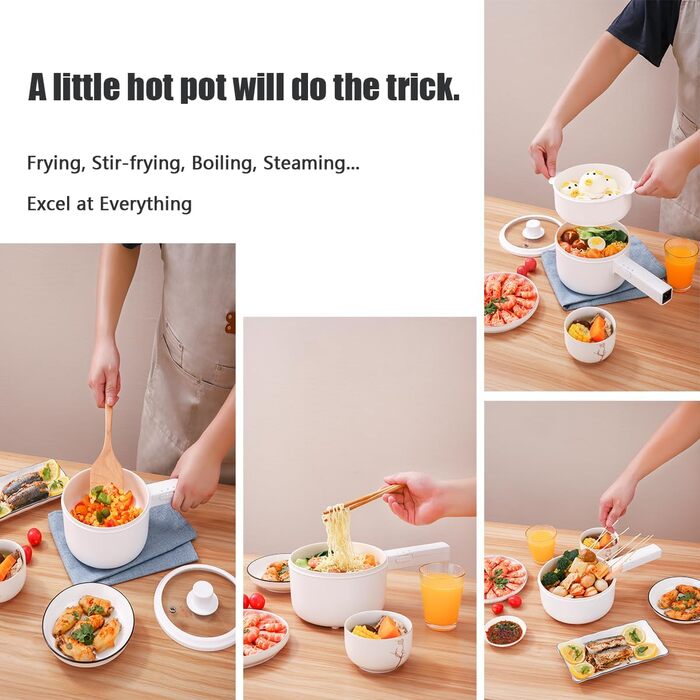 Електрична гаряча каструля 1,5 л з пароваркою, електричні сковороди для смаження/рамену/фондю/супу, підходить для гуртожитку/кемпінгу/дому, керамічне антипригарне покриття, подвійне регулювання потужності, світло-бежевий