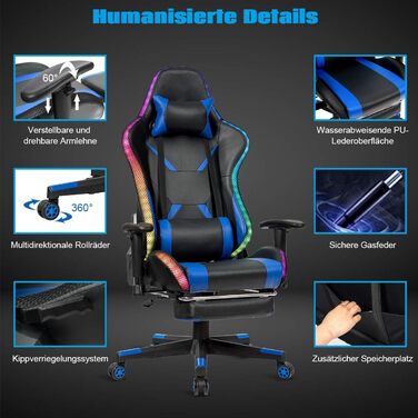 Геймерське крісло з поворотом на 360, гоночне крісло з 358 світлодіодними режимами освітлення, офісне крісло з регульованими підлокітниками, спинкою та підставкою для ніг, комп&39ютерне крісло з поперековою опорою, підголівником та пультом дистанційного к