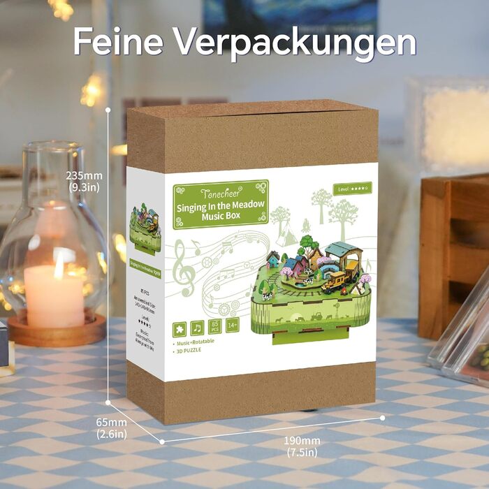 Музична скринька Tonecheer Дерев'яний 3D-пазл, набір моделей для сім'ї котів своїми руками для дорослих, обертова музична шкатулка, дерев'яні пазли Подарунки для прикраси будинку Подарунок на день народження Різдвяний підліток (співає на лузі)
