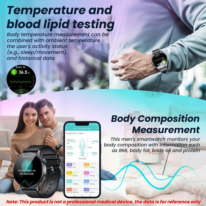 Чоловічий смарт-годинник з ЕКГHRV фітнес-годинник 1,56-дюймовий AMOLED з функцією Bluetooth для телефону, 24-годинний фітнес-трекер серцевого ритму/артеріального тиску, крокомір, водонепроникний IP67, сумісний з Android та iOS, чорний