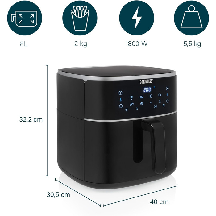 Цифрова фритюрниця Princess Змінна місткість контейнера максимум 8 л 6 попередньо встановлених програм Менше олії Цифровий дисплей 182254 8 літрів