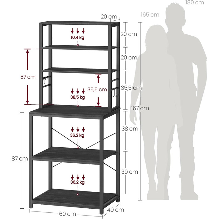 Кухонна полиця VASAGLE, окремостояча полиця, полиця для мікрохвильової печі, 6 полиць, 6 гачків, сталева рама, промисловий дизайн, 40 x 60 x 167 см, антрацитово-сірий - чорний KKS024B22 60B см антрацитово-сірий чорний