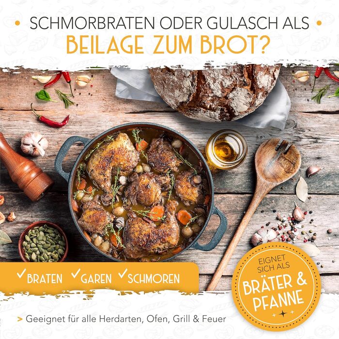 КОРЖ MAGIC 26 см Чавунний горщик для випічки хліба з кришкою - Міцна форма для випічки хліба з кришкою - Ідеальний горщик для хліб