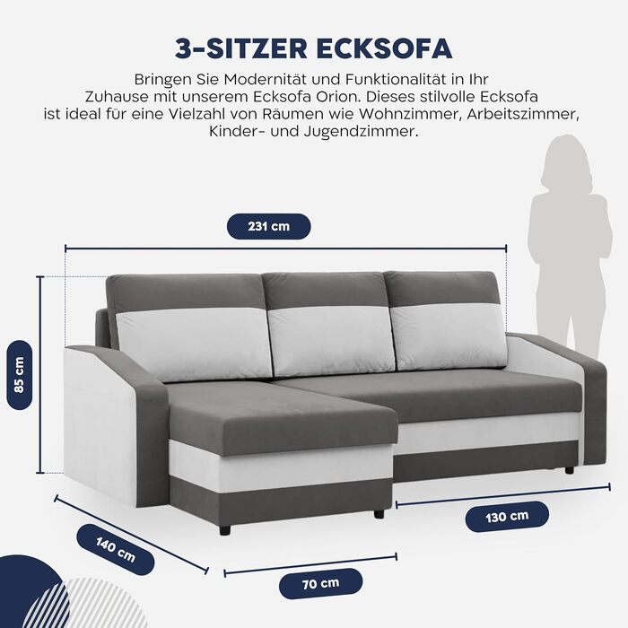 Кутовий диван з функцією сну та ящиком для зберігання Orion, Універсальний кутовий диван, L-подібний диван (ШxГxВ) 231 x 140 x 85 см, диван для вітальні, кутовий диван, сірий білий (Micro 27 Micro 31)
