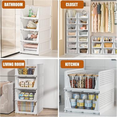 Органайзер для гардеробу, штабелюваний органайзер для одягу на 4 предмети, висувна складна система зберігання одягу для гардеробу, спальні, кухні та іграшок, білий, 4 шт., великий