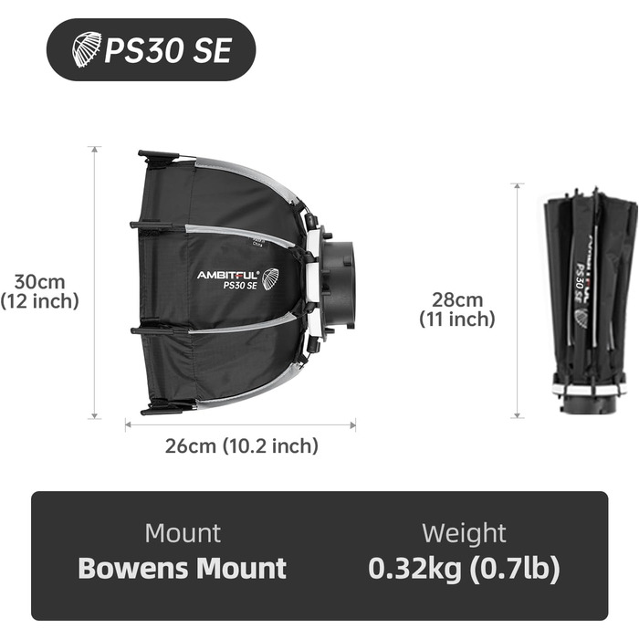 Амбітний 11,8-дюймовий/30-сантиметровий міні-софтбокс із кріпленням Bowens Швидке складання Швидке налаштування з дифузорами/стільниковою сіткою/сумкою
