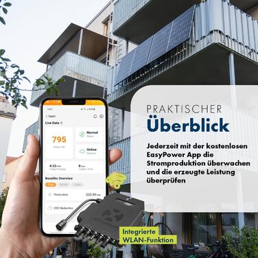 Балконна електростанція SPAUN 1000 Вт Комплект 800 Вт з двосторонньою фотоелектричною потужністю до 1300 Вт та 15-метровим кабелем для підключення до розетки - дистанційний моніторинг через WiFi, міні-фотоелектрична система, 15-метровий кабель N-TOPCon, 8